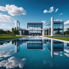 Modern villa and a luxurious infinity pool, photorealistic generative AI illustration