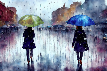 雨降りの街 傘をさして歩くふたりの女の子 Two girls walking with umbrellas on a rainy street.generative AI