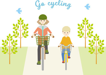 新緑の中でサイクリングをする母親と男の子（親子）のイラスト