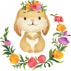 Watercolor illustration lovely rabbit with flower