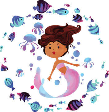 Lovely mermaid swimming among the fish