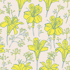 Seamless vector pattern with yellow alstroemeria on a light beige background.