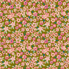 Blooming red cherry on a dark green background, sakura tree, seamless watercolor pattern. Vector illustration, ready to print. It can be used for wallpaper decoration, textile design.