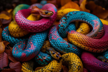 Colorful vibrant bunch of serpents, closeup, Generative AI