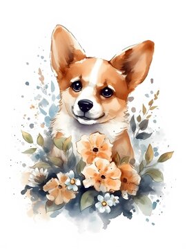 Cute Adorable Watercolor Puppy with Tender Flowers Creative Illustration. Generative Ai