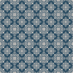 Blue and white damask vector seamless pattern.