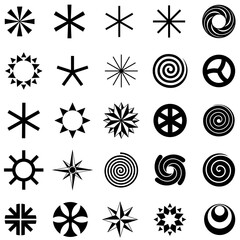 Set of abstract geometric symbols black and white minimalistic silhouettes of figures.