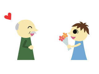祖父に花束を渡す男の子2