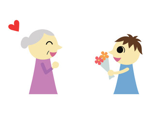 祖母に花束を渡す男の子2