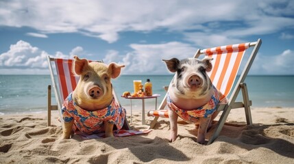 南国の砂浜でリラックスする豚：AI作品
