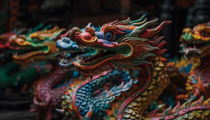 Colorful vibrant Chinese dragons, close up, Generative AI