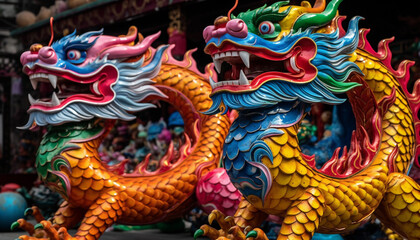 Fototapeta na wymiar Colorful vibrant Chinese dragons, close up, Generative AI