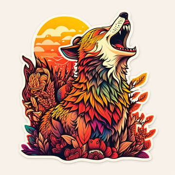 Happy Warm Red Wolf sticker, sunset, Wolf Smile, Animated Sticker, 3D render, illustration, AI gnerated