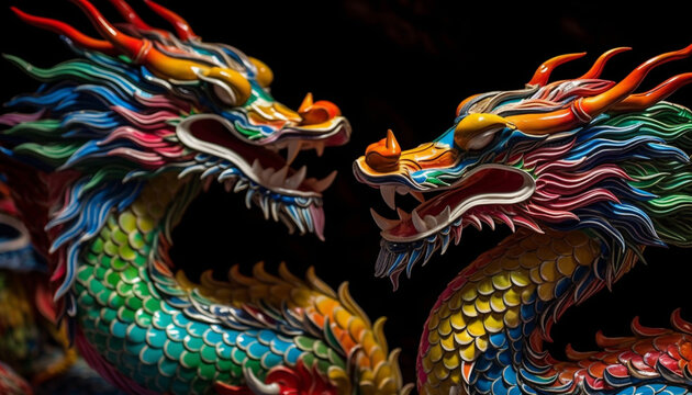 Colorful vibrant Chinese dragons, close up, Generative AI