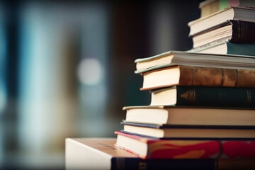 Fototapeta premium Concept of Education. Stack of Books on Blurred Library Background