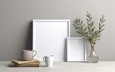 Empty white photo frames mockups and olive brunches on the grey wall background created with Generative AI technology