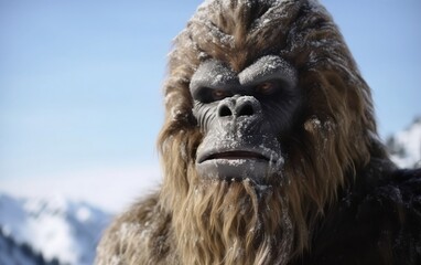 Bigfoot portrait on the snowy mountains background created with Generative AI technology.