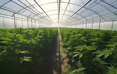 Obraz na płótnie Canvas Greenhouse for growing hemp created with Generative AI technology. Cannabis cultivation
