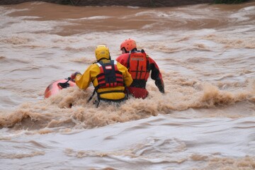 flash flood rescue, with person being pulled from rushing waters and into safety, created with generative ai