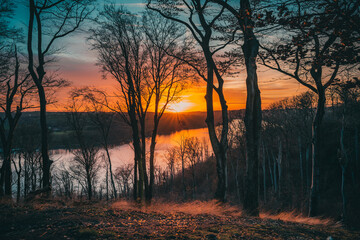 Epischer Sonnenuntergang im Wald am See