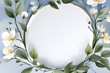 Floral frame with white jasmine flowers and green leaves. Watercolor illustration.