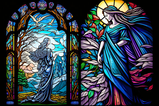 Vitrail avec d&eacute;cor religieux - G&eacute;n&eacute;rative IA