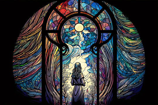 Vitrail avec d&eacute;cor religieux - G&eacute;n&eacute;rative IA