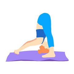 Training in yoga pose of rad hair European girl in blue tracksuit on a purple mat. Pilates, sport, health. Female, lady, woman. Vector illustration in cartoon flat style isolated on white background.