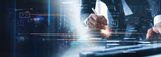 IT Technician, software engineer working with big data on digital tablet and AI connecting with...