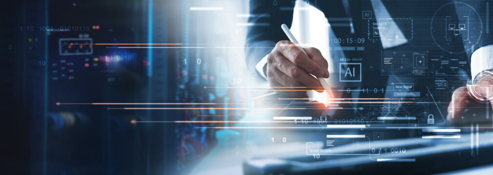 IT Technician, software engineer working with big data on digital tablet and AI connecting with data center, server room, data engineering, digital technology concept