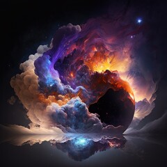 Dramatic formation of colourful bright clouds in the dark cosmic sky. Created using Generative AI