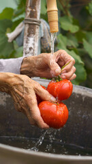 woman washes tomatoes harvest in back yard