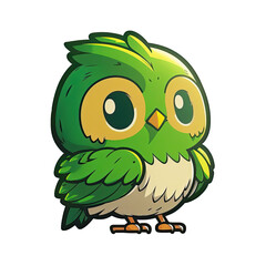 Cute cartoon owl character with transparent background, Green feathers, standing