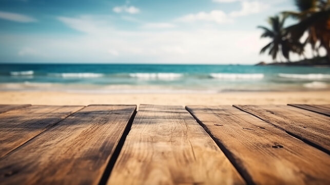 Empty wood table in front of blue sky on summer sea with palm leaf blurred bokeh background concept image for product commercial ad Generative AI