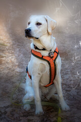 labrador retriever with red harness sitting in the forest