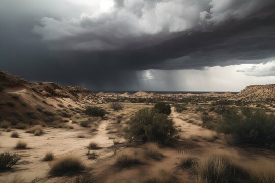 vast desert, with storm clouds rolling in and bringing heavy rain, created with generative ai