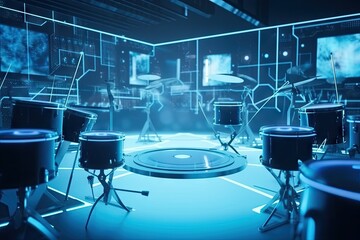 drumming session with electronic drumsticks and drums in futuristic environment, created with generative ai