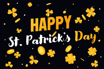 Happy Saint Patrick's Day background with clover leaves and golden coins. Vector illustration. 