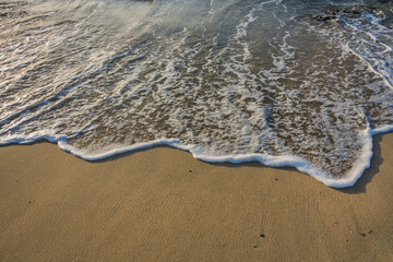 waves with white foam at the fine sand from the beach during sunrise