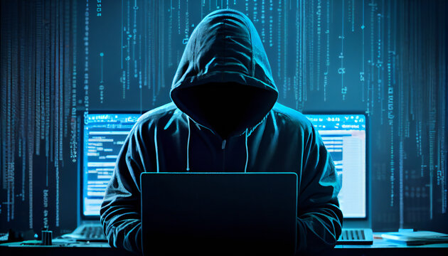 Haker at desktop using laptop with creative glowing map hologram on dark background. Technology, hacking, future and planet concept. Generative ai illustration 