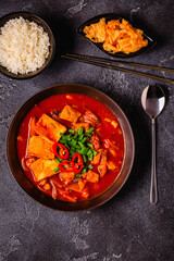 Korean traditional food, spicy kimchi soup (kimchi tige) with pork and tofu cheese.