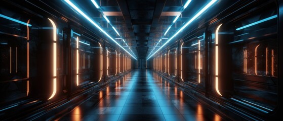 Long neon corridor, abstract tunnel colorful. Generative AI