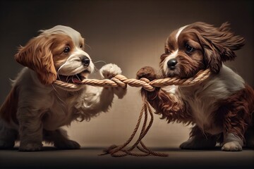 two cute dogs playing tug-of-war with rope toy, created with generative ai - obrazy, fototapety, plakaty