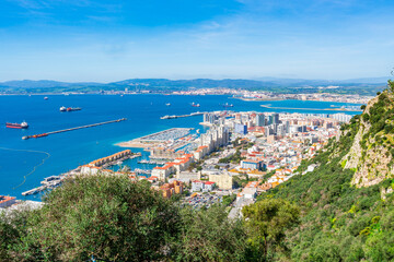 Fototapeta na wymiar View of Gibraltar town and Spain across the Gibraltar Bay from the Upper Rock. UK