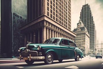 Plakat vintage car speeds past towering skyscrapers and modern architecture of the city, created with generative ai
