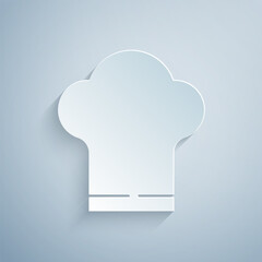 Paper cut Chef hat icon isolated on grey background. Cooking symbol. Cooks hat. Paper art style. Vector