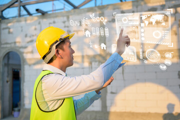 Close up engineering man hand is touching virtual reality Analytics engineering data in a field over construction background