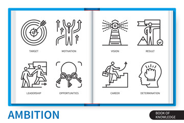 Ambition infographics elements set. Target, leadership, vision, motivation, opportunities, determination, career, result. Web vector linear icons collection