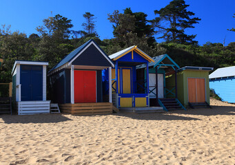 Fototapeta na wymiar Colorful beach boxes in Mornington Peninsula, Australia