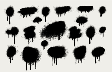 Set of spray paint elements isolated on white background, lines and drips black ink splatters, Ink blots set. Vector Street style. Collection of graffiti spray banner. Spray paint shapes with smudges.